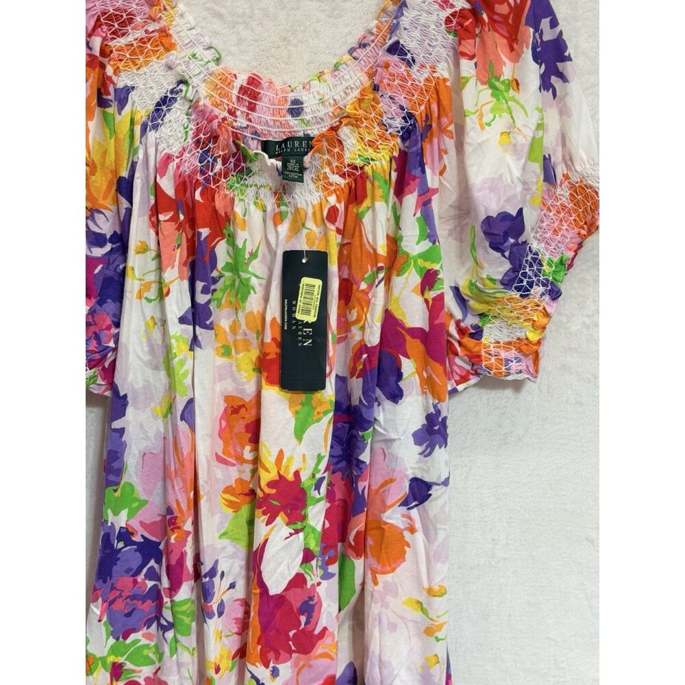 NWT LAUREN RALPH LAUREN Womens Floral Colorful Shirt Top 3XL Smocked Sleeve - Picture 6 of 9